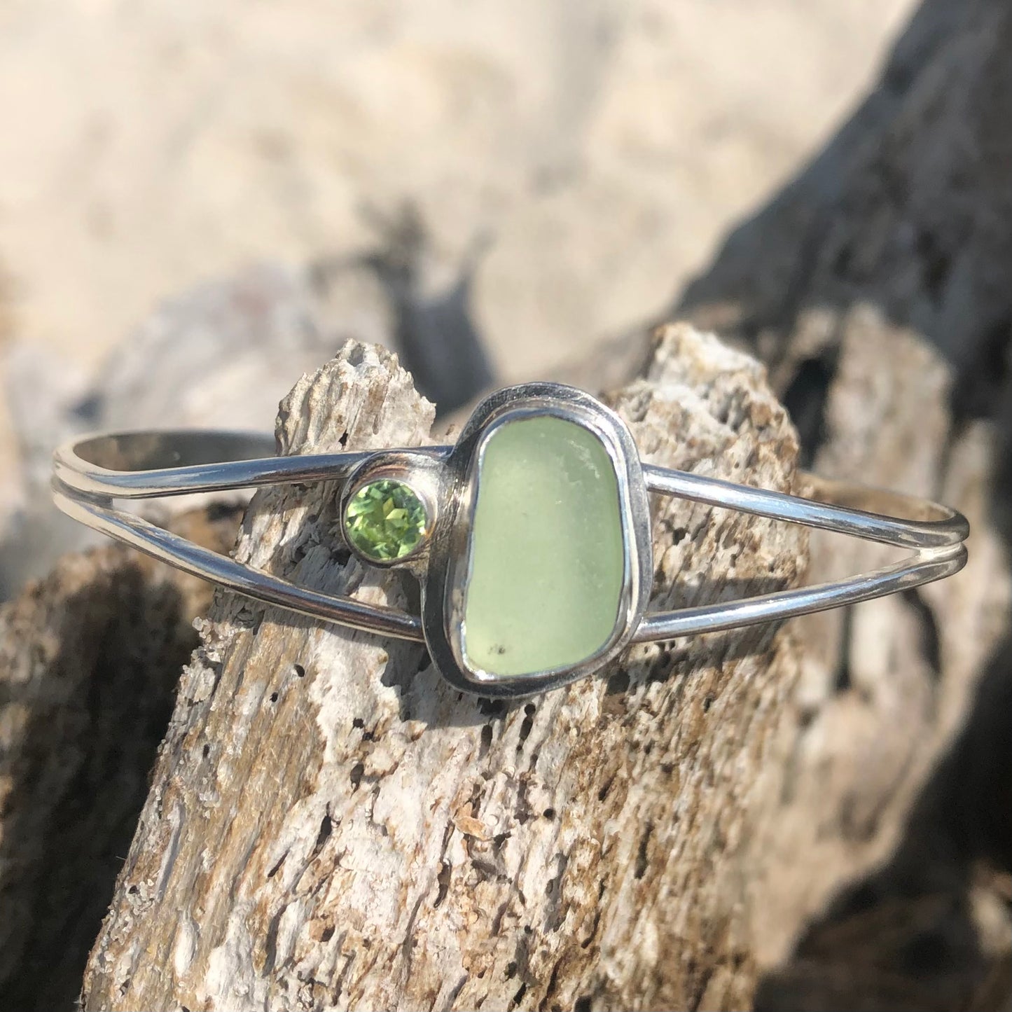 Gemstone & Sea Glass Cuff Bracelet- Lime & Peridot