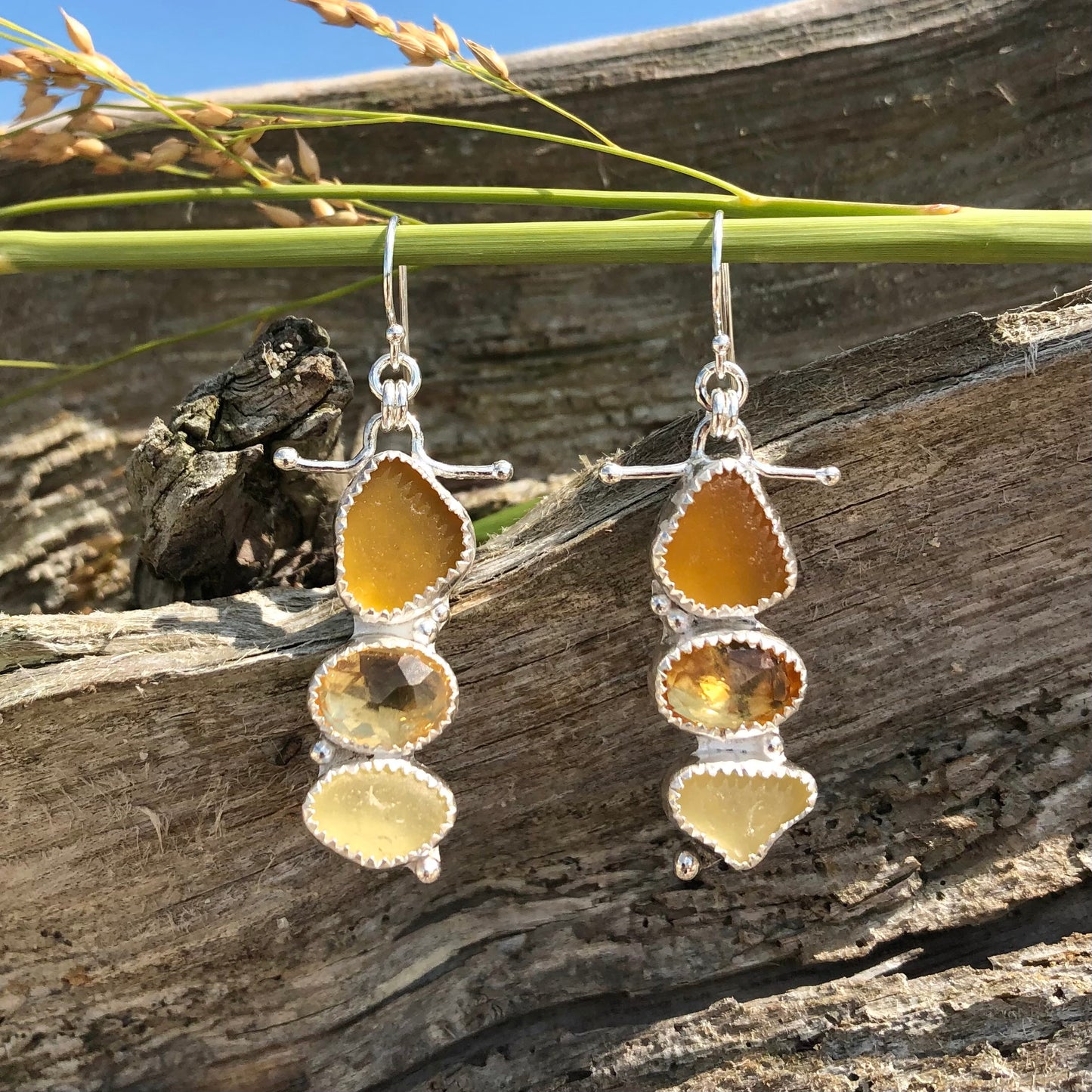 Yellow Sea Glass & Citrine Earrings