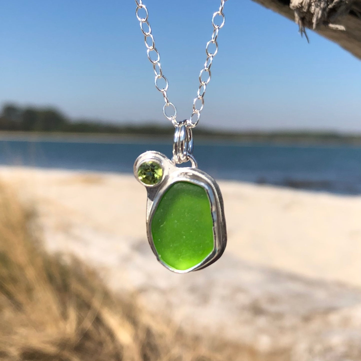 Sea Glass & Gemstone Necklace- Green & Peridot