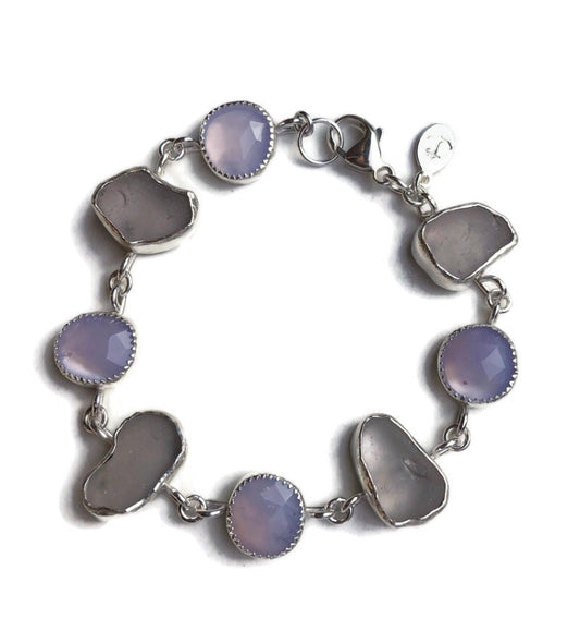 Lavender Sea Glass & Chalcedony Bezel Set Bracelet