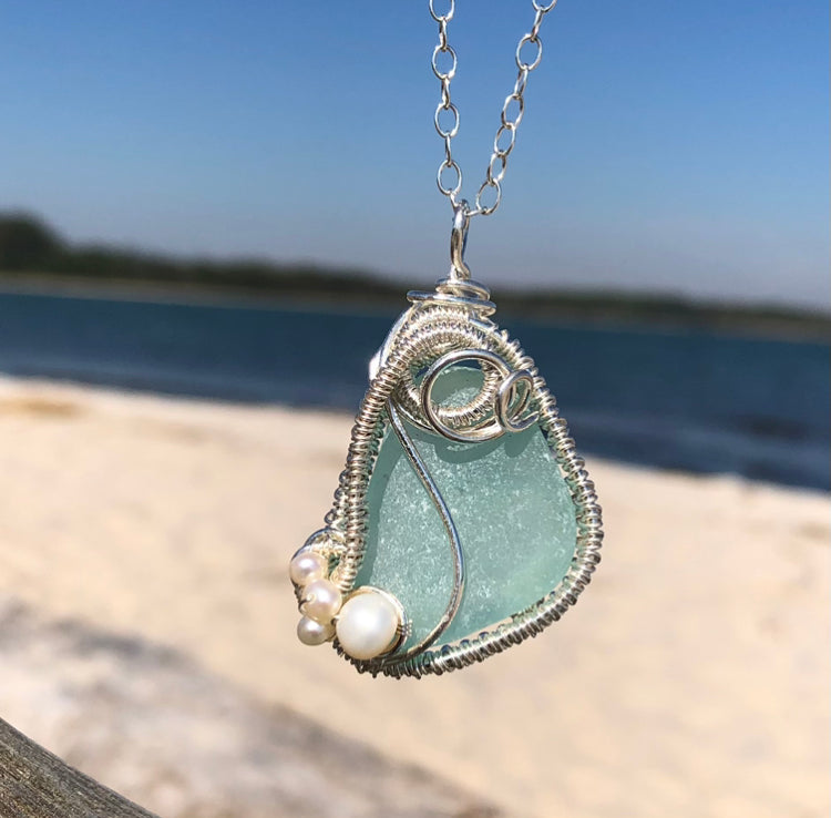 Sea Foam Sea Glass Woven Necklace