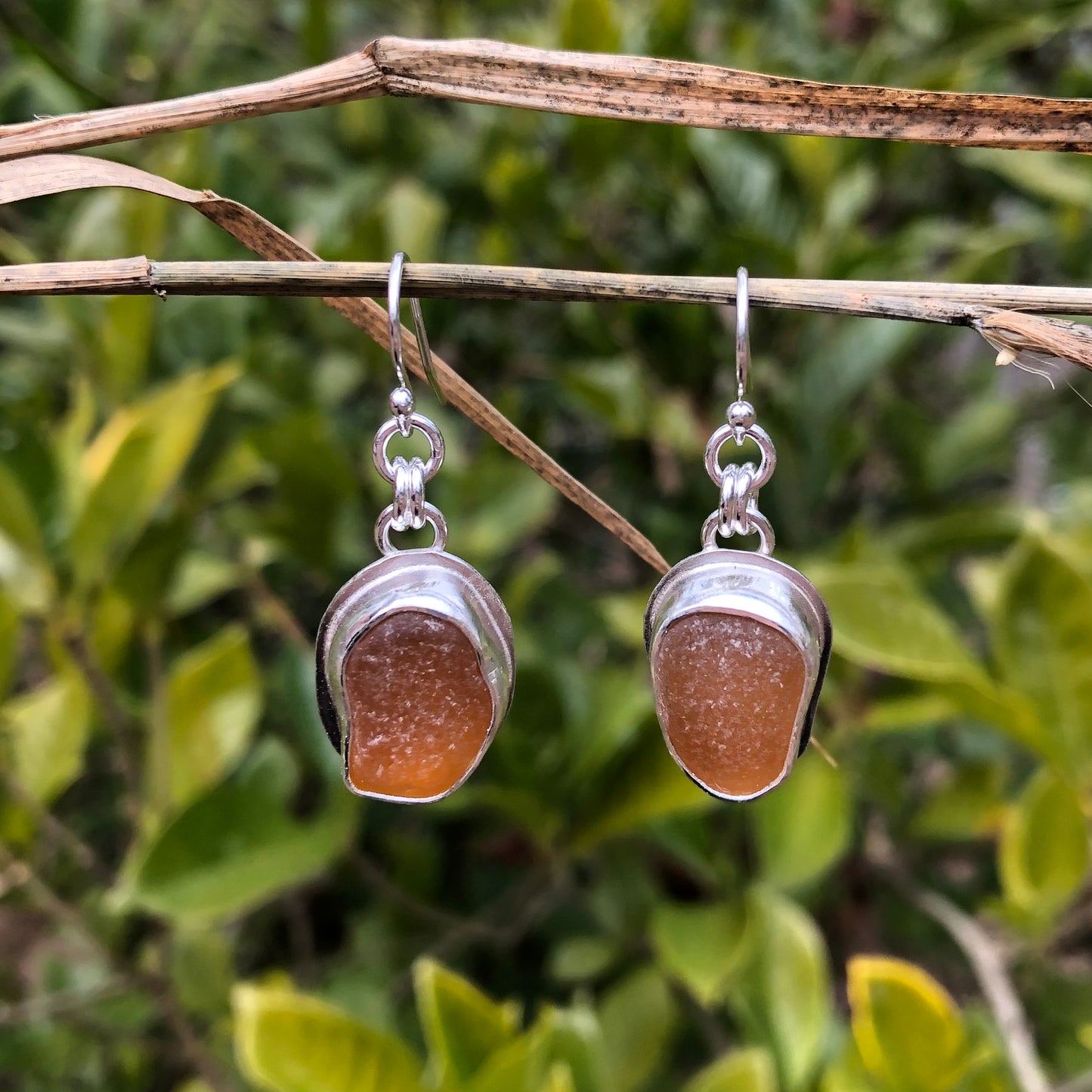 Honey Brown Sea Glass Bezel Set Earrings