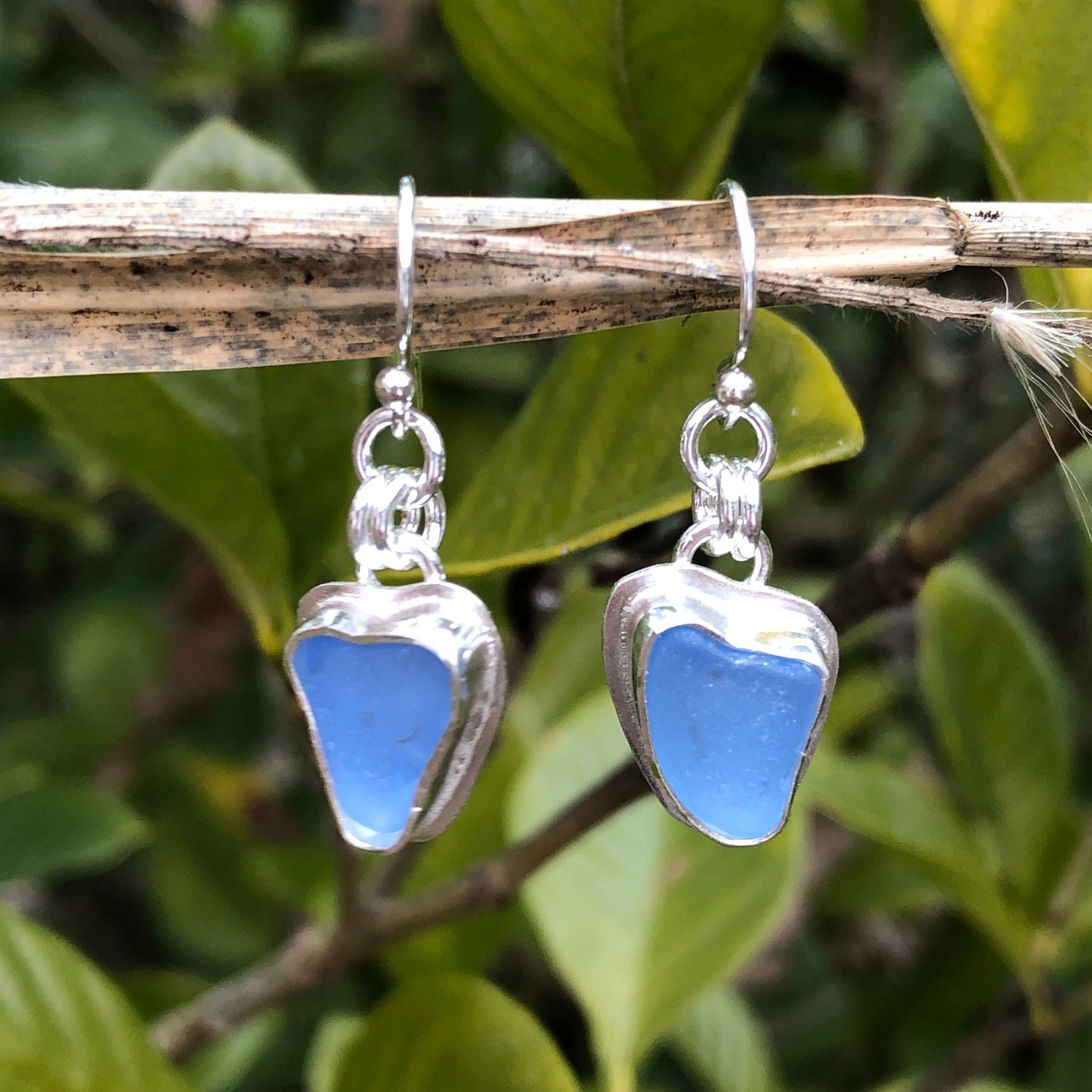 Cornflower Blue Sea Glass Bezel Set Earrings