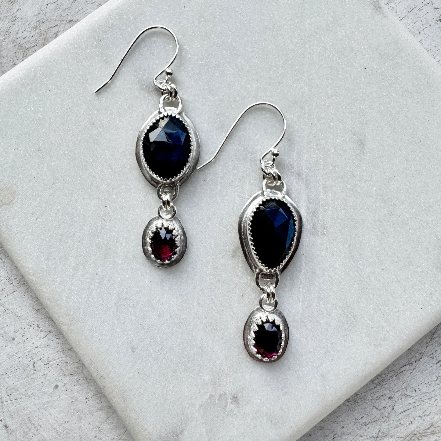 Blue Flash Labradorite & Garnet Earrings