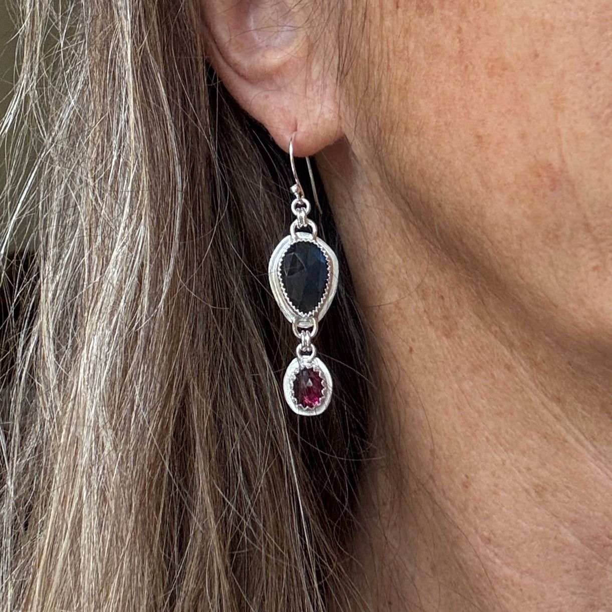 Blue Flash Labradorite & Garnet Earrings