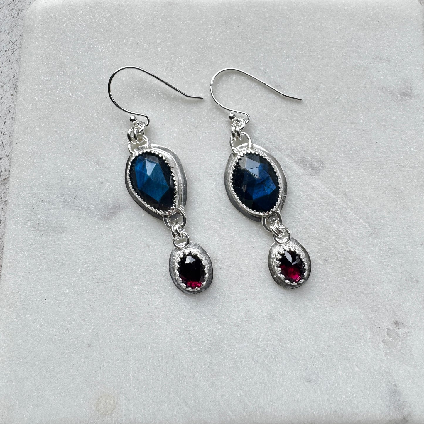 Blue Flash Labradorite & Garnet Earrings