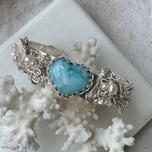 Larimar Heart Silver & Gold Woven Cuff Bracelet