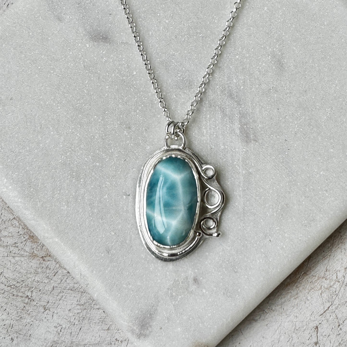 Larimar Bezel Set Necklace with Silver Circles