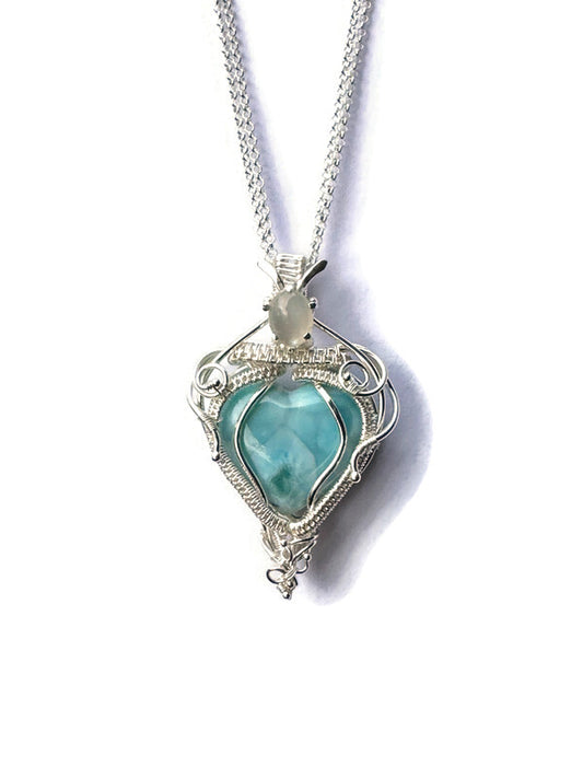 Larimar & Moonstone Woven Heart Necklace