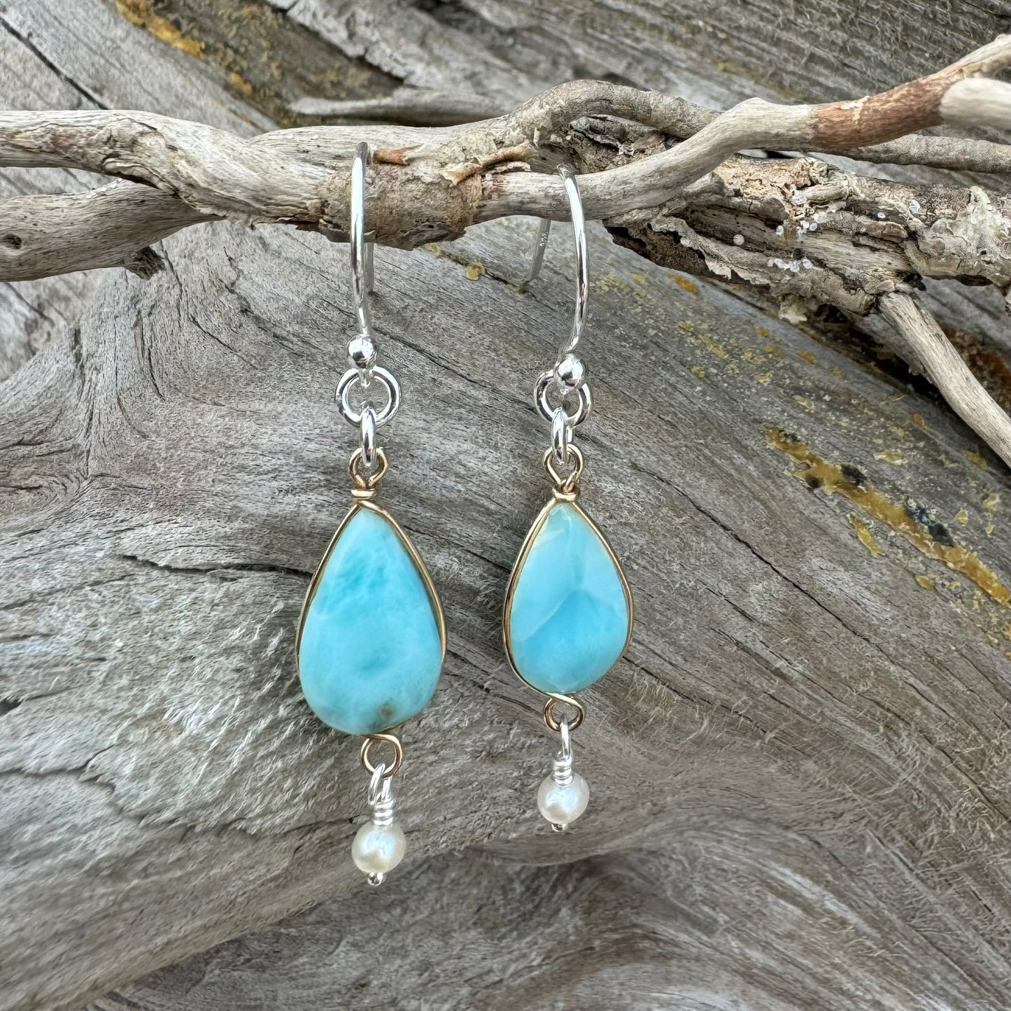 Larimar & Pearl Gold/Silver Earrings