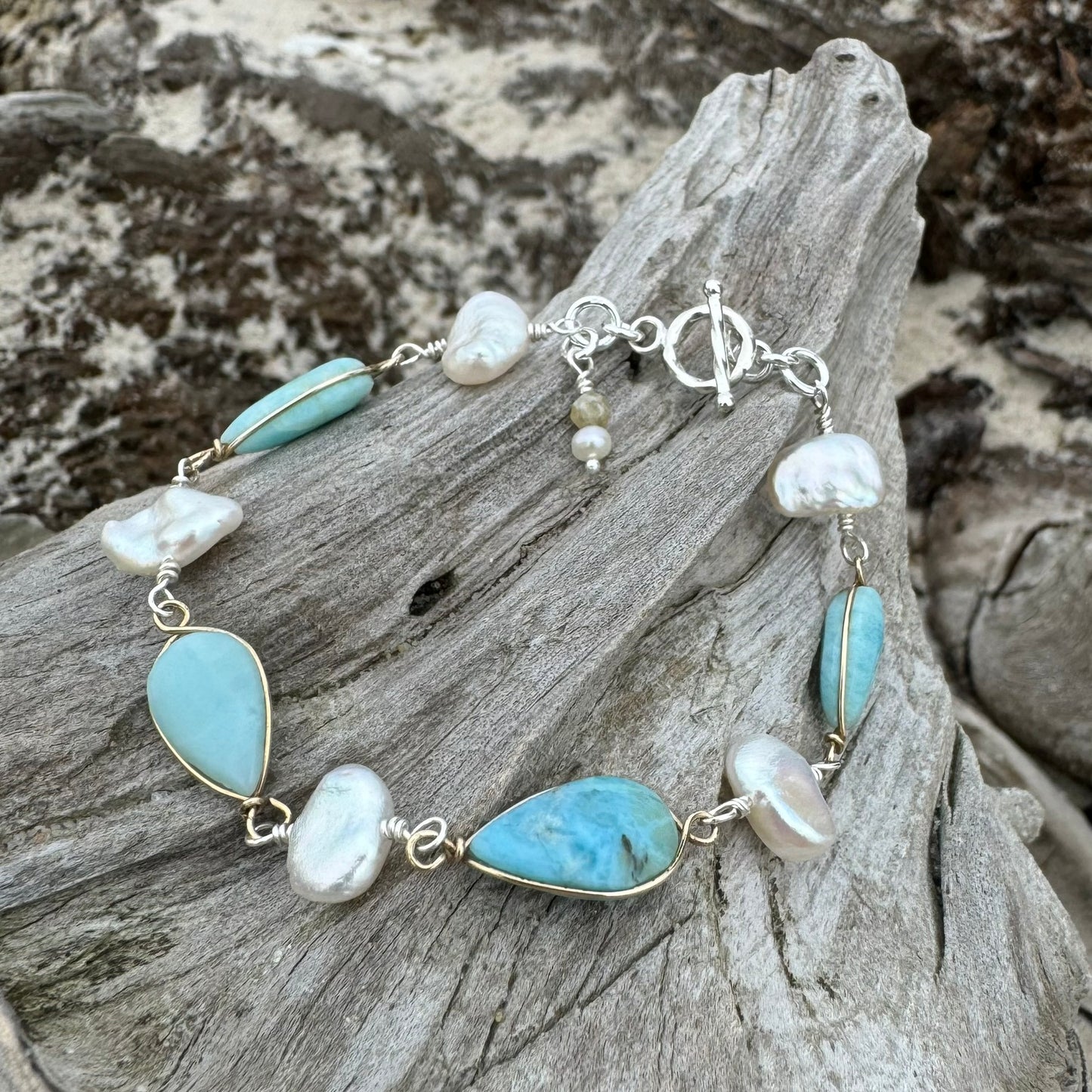 Larimar & Pearl Gold/Silver Bracelet