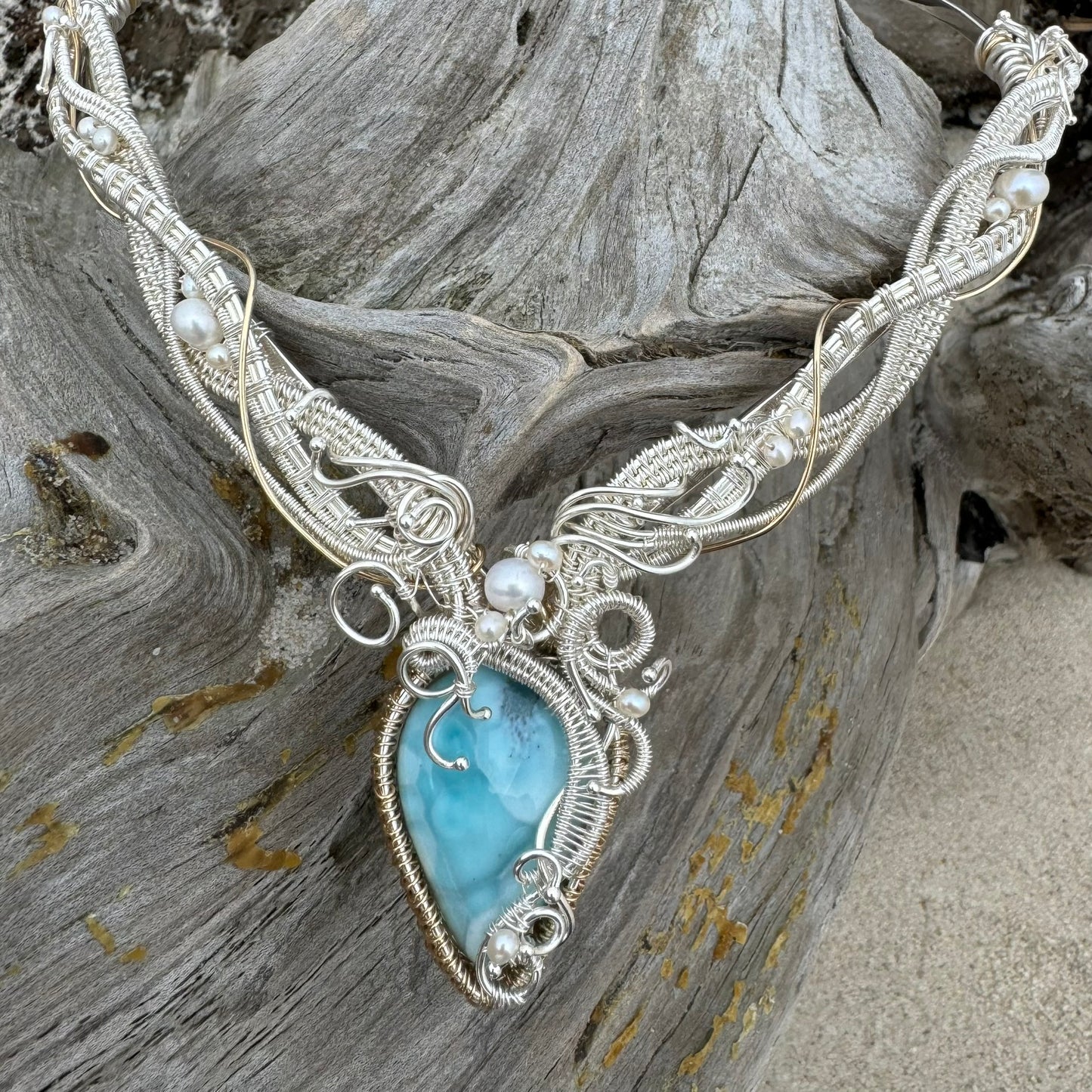 Larimar Woven Silver & Gold Necklace