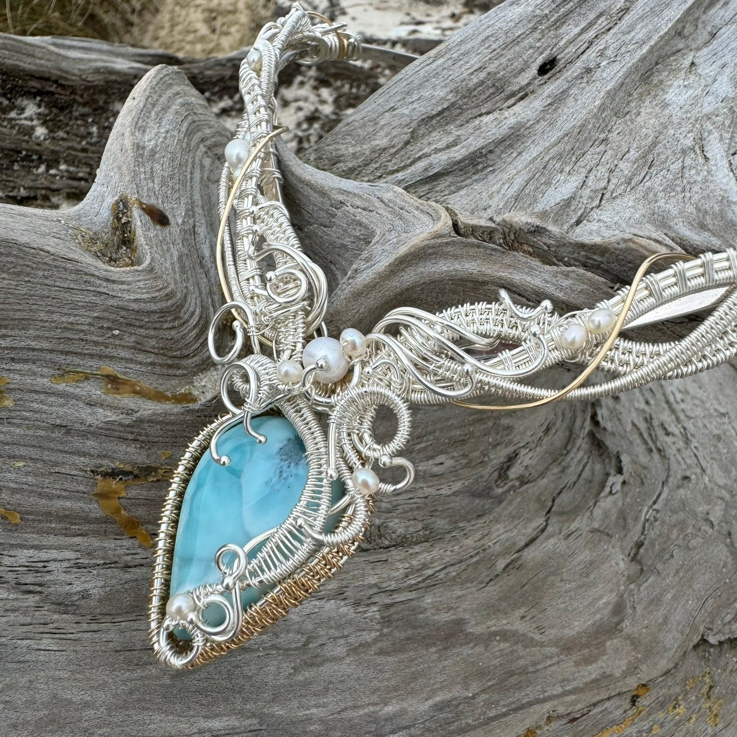 Larimar Woven Silver & Gold Necklace