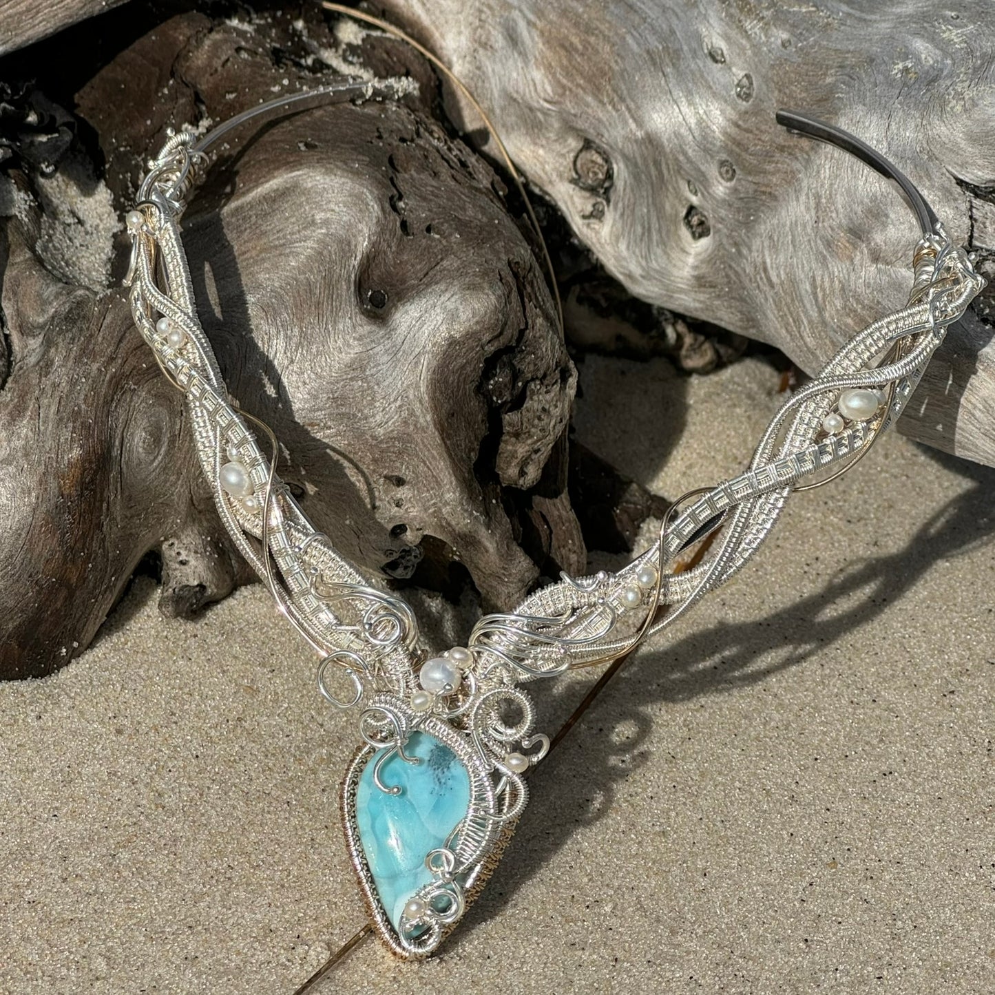 Larimar Woven Silver & Gold Necklace