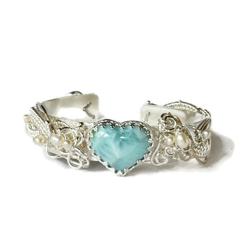 Larimar Heart Silver & Gold Woven Cuff Bracelet