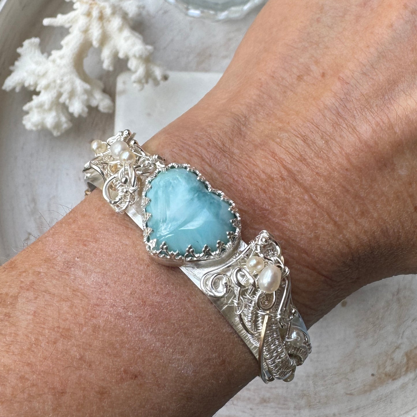 Larimar Heart Silver & Gold Woven Cuff Bracelet