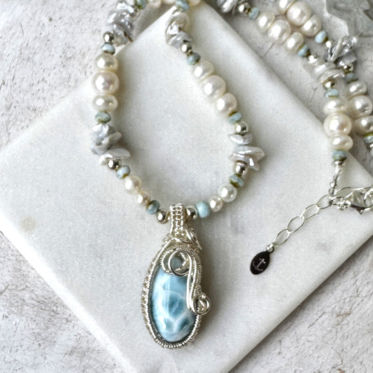 Larimar Woven Pendant with a Beaded Chain Necklace