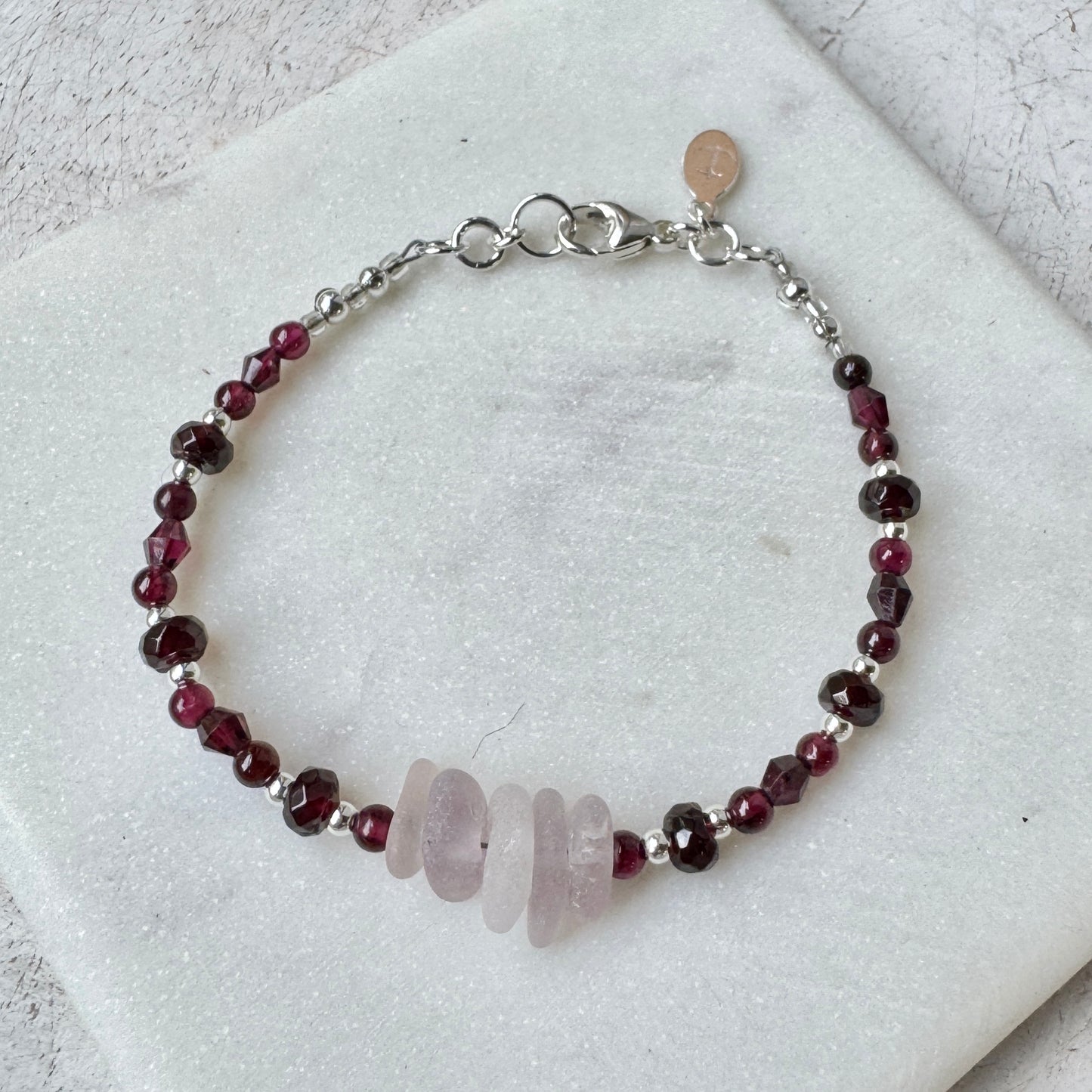 Lavender Sea Glass, Garnet & Freshwater Pearl Bracelet