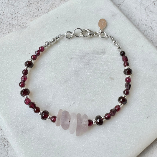 Lavender Sea Glass, Garnet & Freshwater Pearl Bracelet