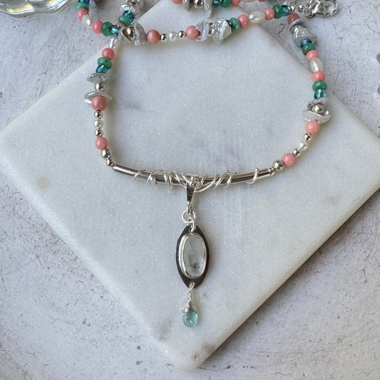 Coral, Pearl & Blue Sea Necklace with Moonstone Pendant