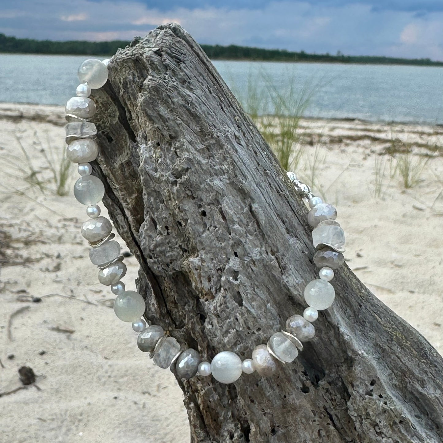 White Rainbow & Grey Moonstone & Pearl Bracelet