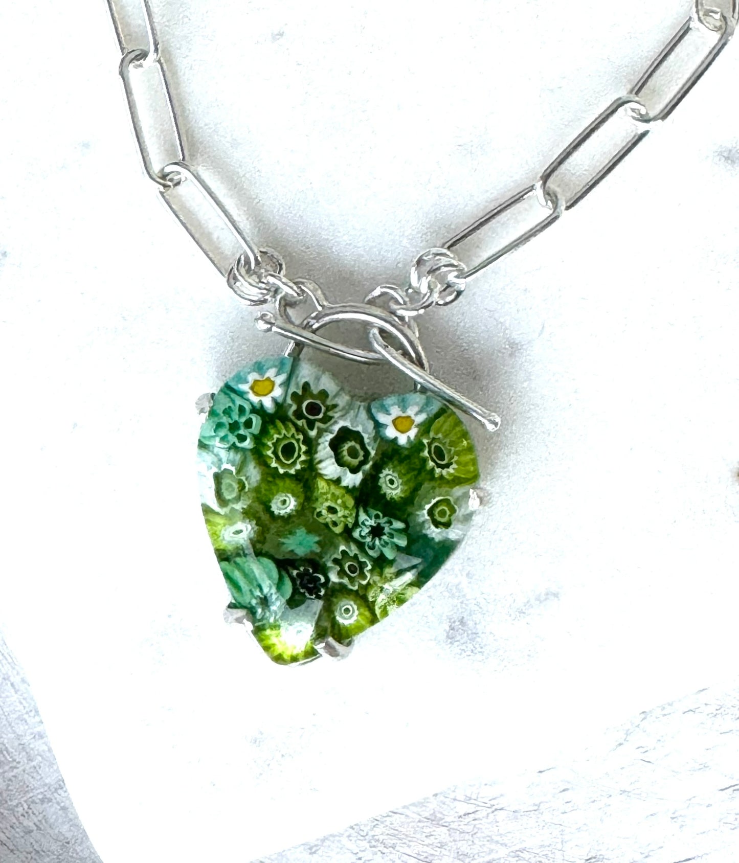 Green Murano Glass Heart Toggle Front Necklace