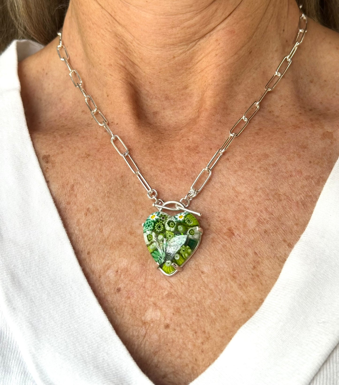 Green Murano Glass Heart Toggle Front Necklace