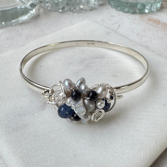Navy Kyanite & Pearl Hinged Silver Bangle Bracelet