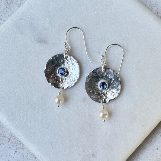 Navy Kyanite & Pearl Domed Disk Earrings