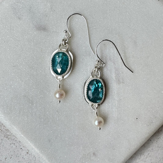 Neon Kyanite & Freshwater Pearl Earrings