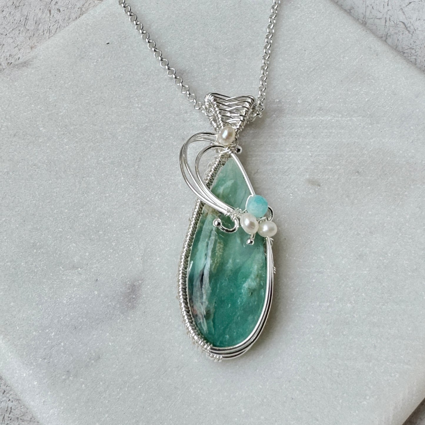 Opal Wood Silver Woven Teardrop Necklace