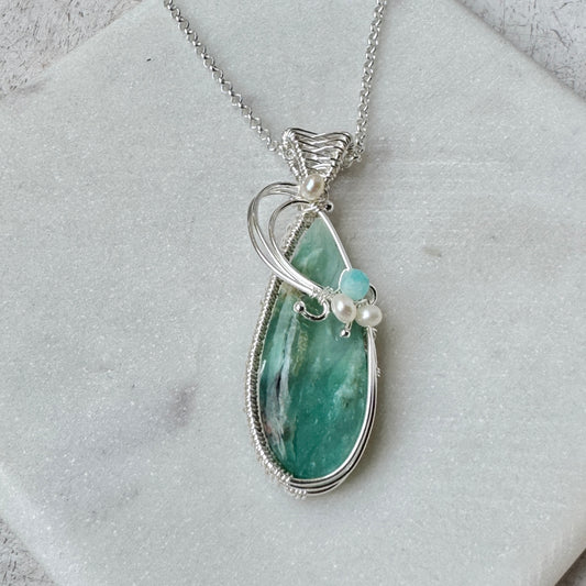 Opal Wood Silver Woven Teardrop Necklace