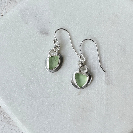 Pale Green Sea Glass Bezel Set Earrings