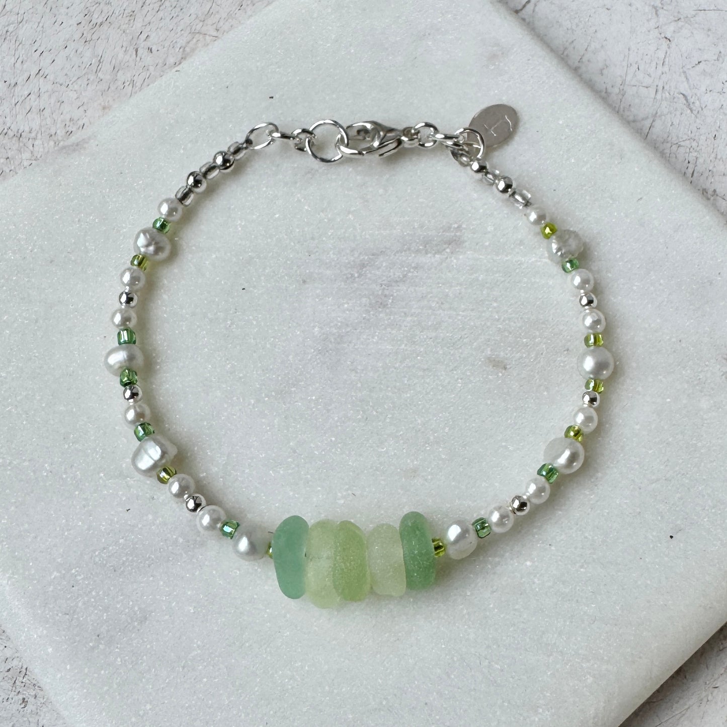 Pale Green Sea Glass & Freshwater Pearl Bracelet