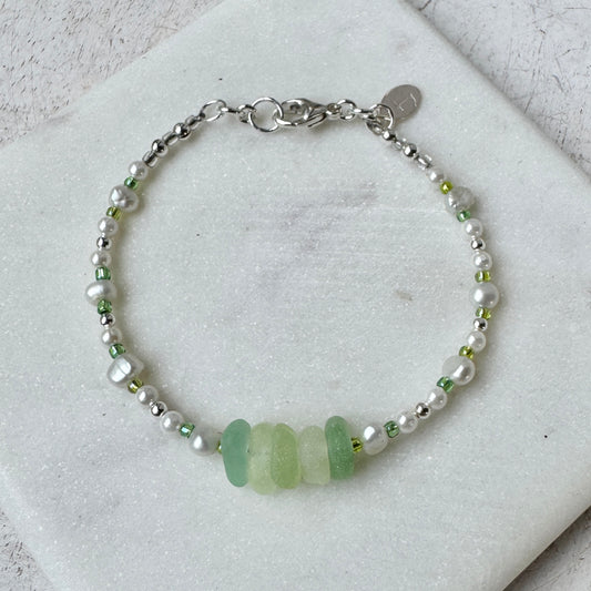 Pale Green Sea Glass & Freshwater Pearl Bracelet