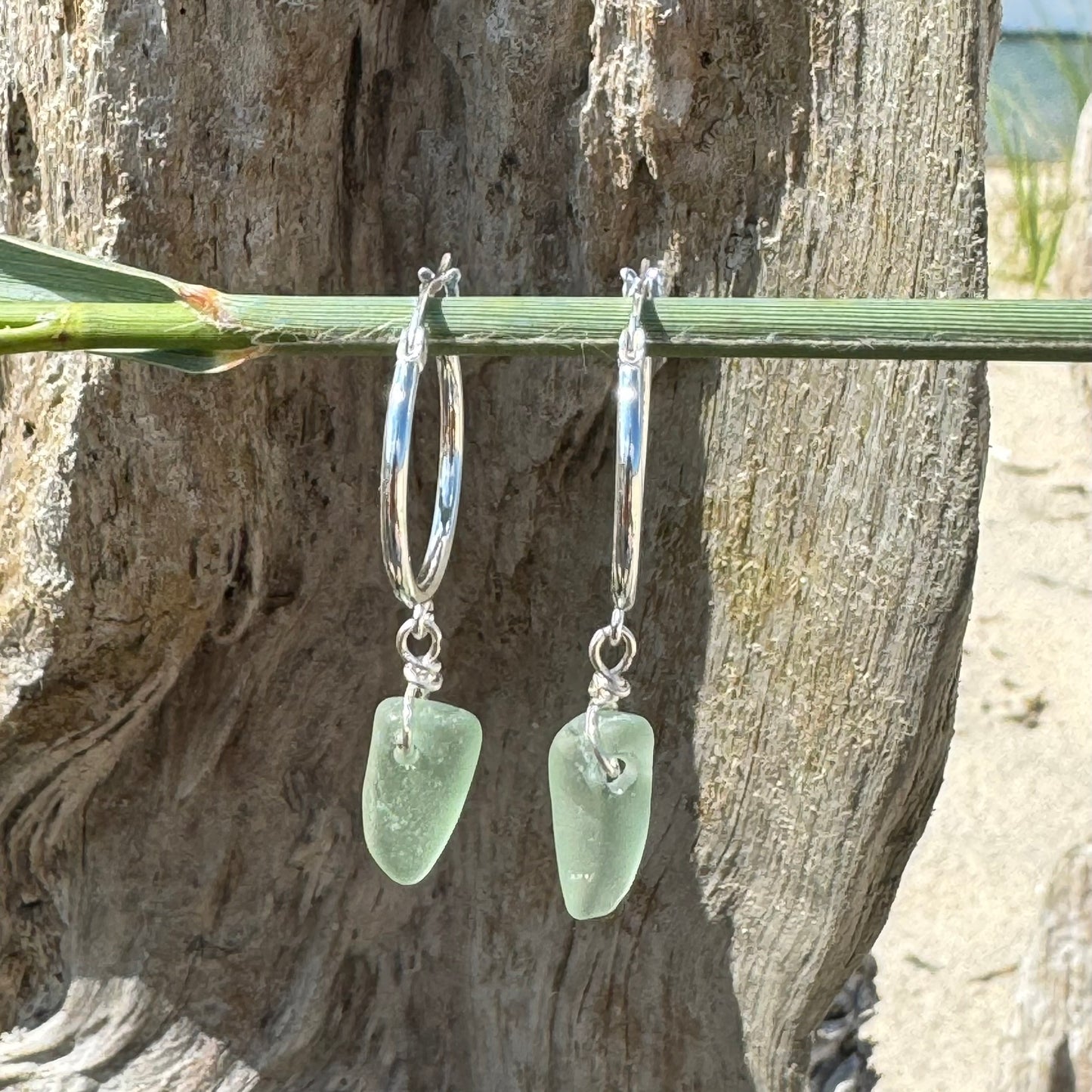 Natural Sea Glass Silver Hoop Earrings