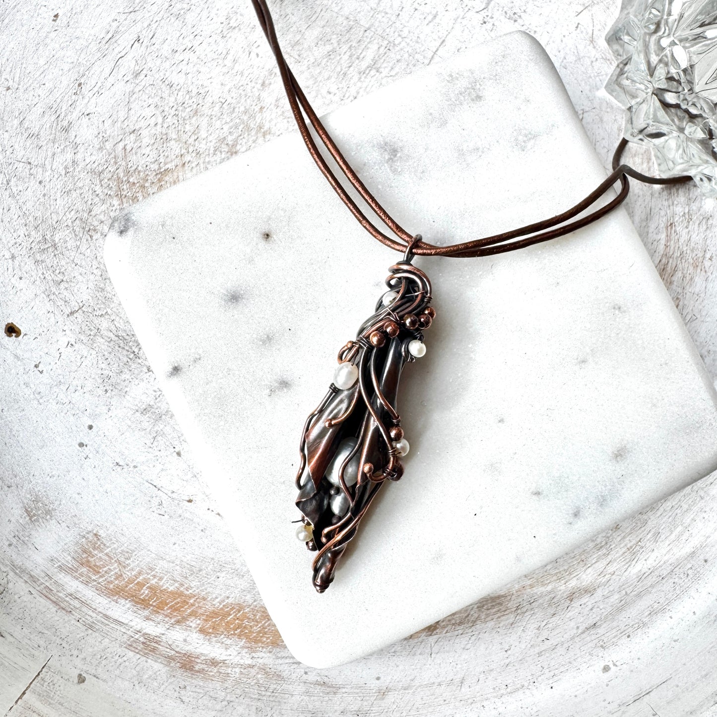 Pearl & Copper Pod Necklace with Leather Cording
