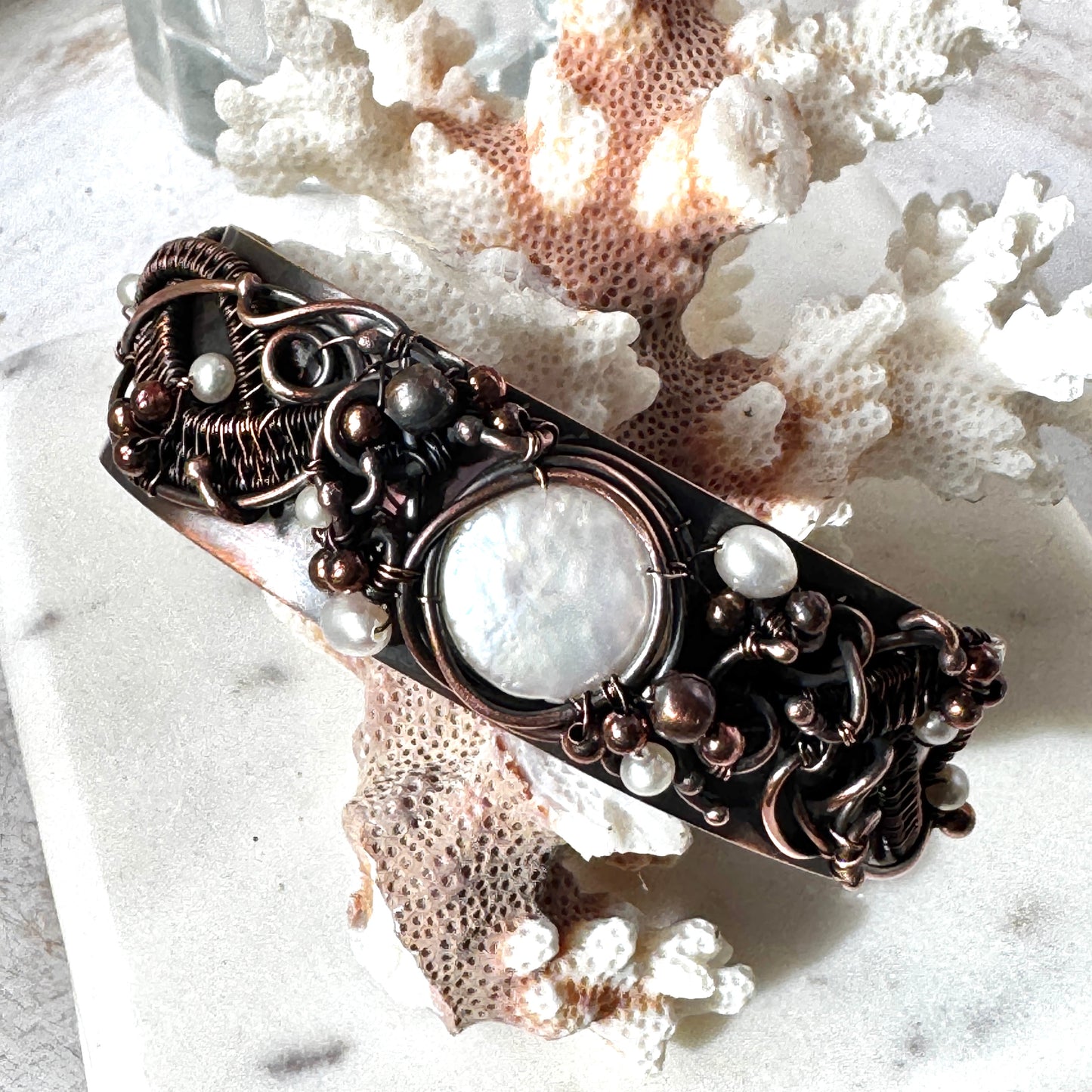 Pearl & Copper Woven Overlay Cuff Bracelet