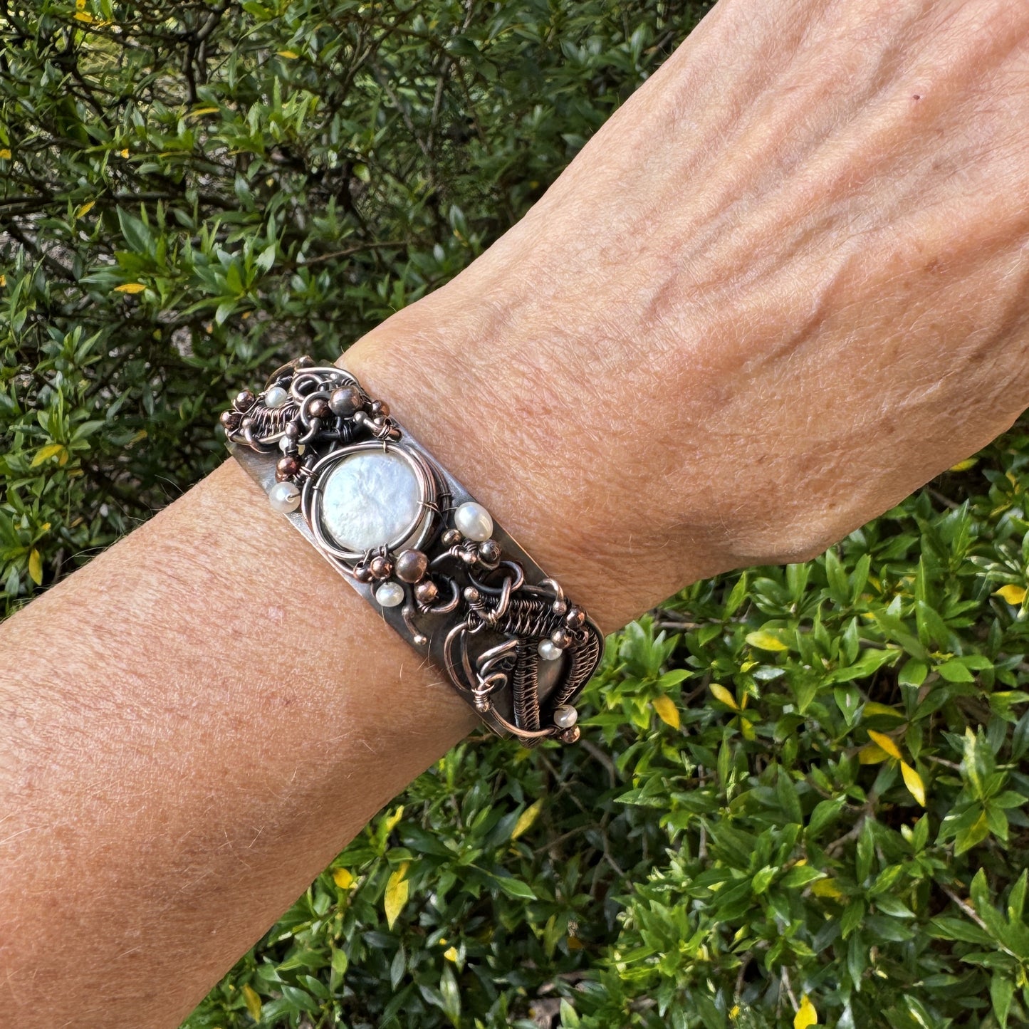 Pearl & Copper Woven Overlay Cuff Bracelet