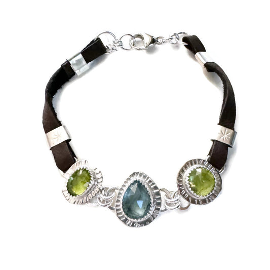 Peridot & Ocean Kyanite Silver Leather Bracelet