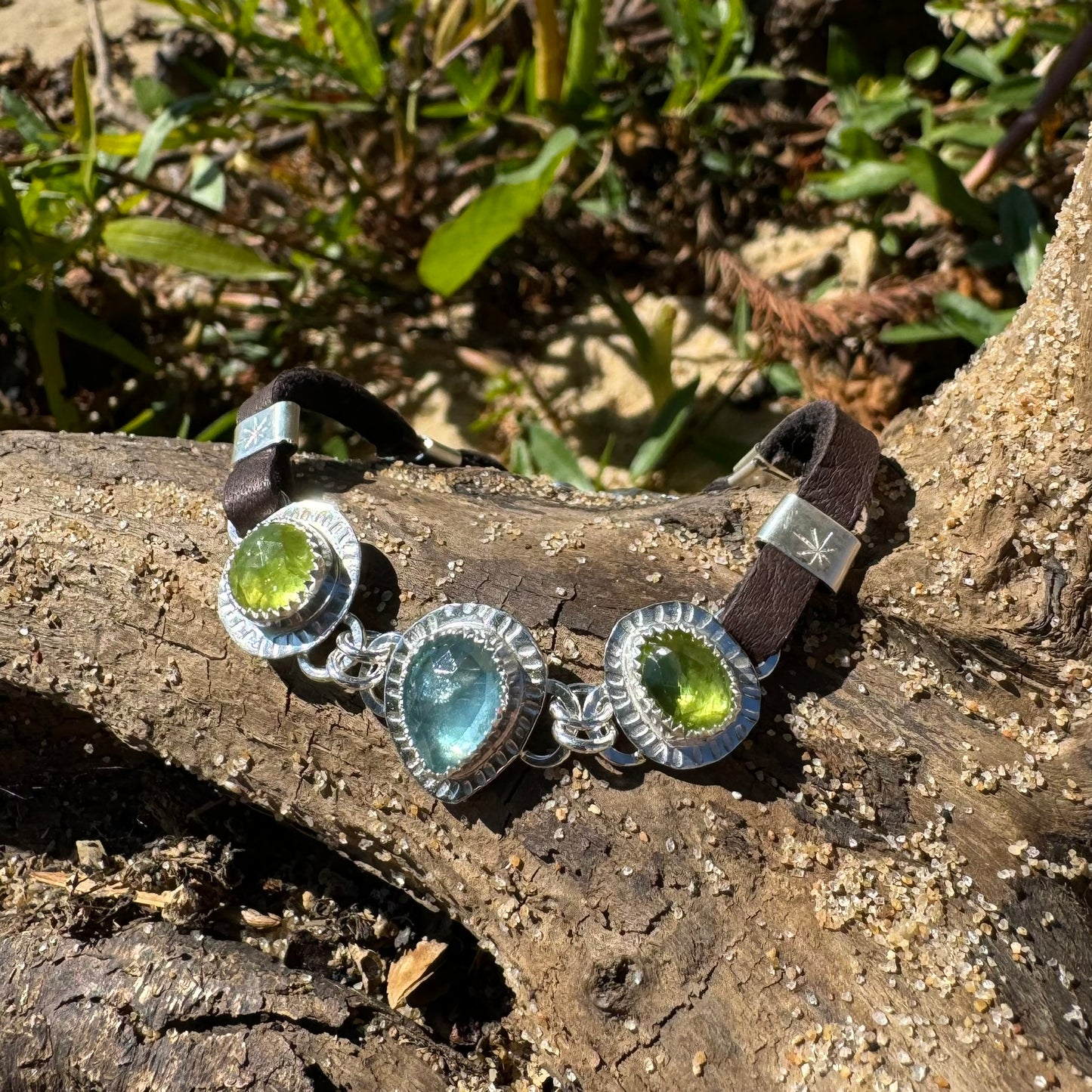 Peridot & Ocean Kyanite Silver Leather Bracelet