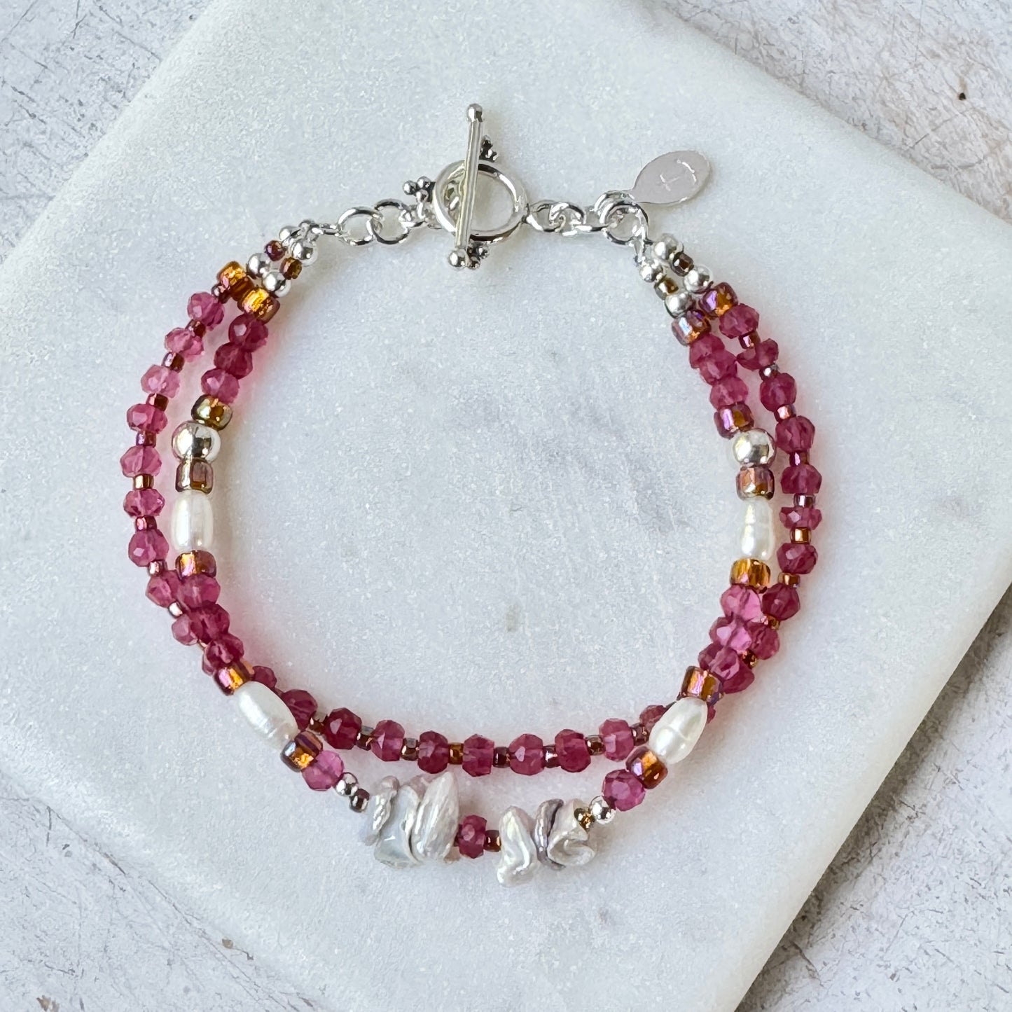 Pink Sapphire & Freshwater Pearl Double Strand Bracelet