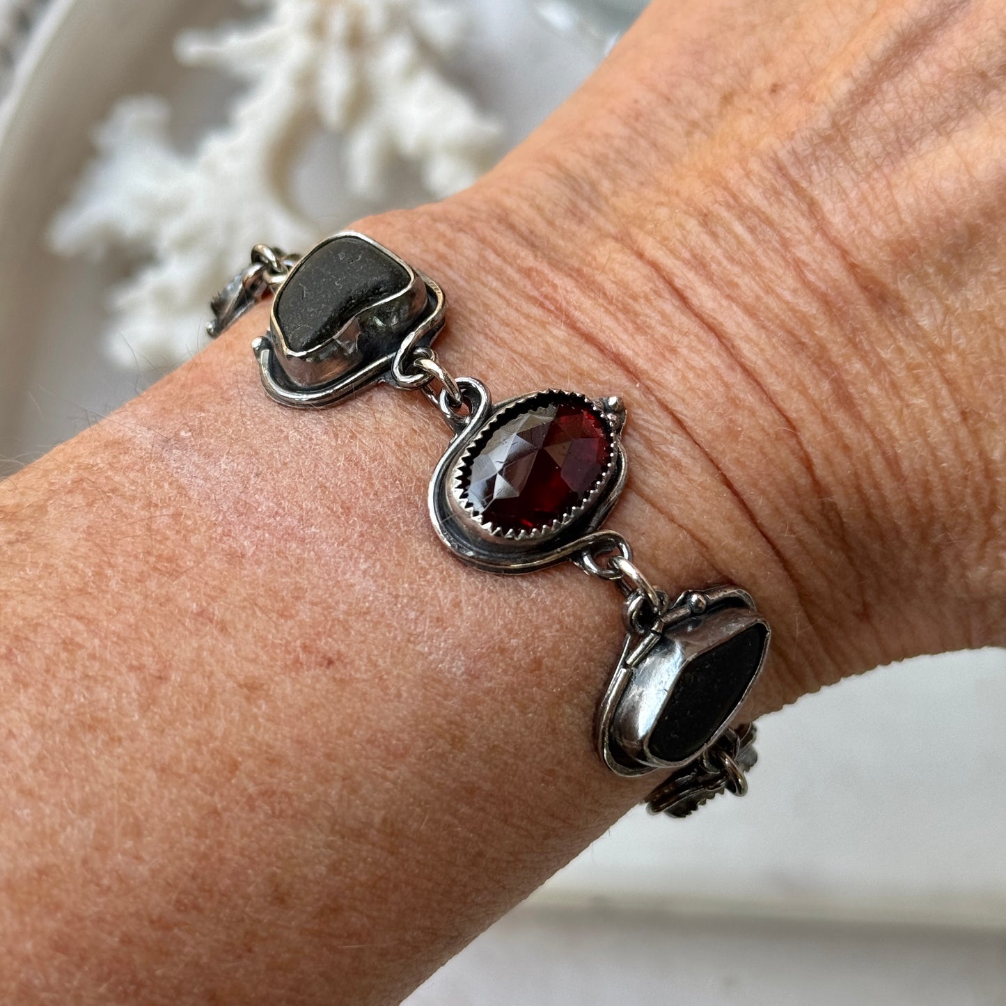 Dendrite, Garnet & Pirate Sea Glass Bracelet