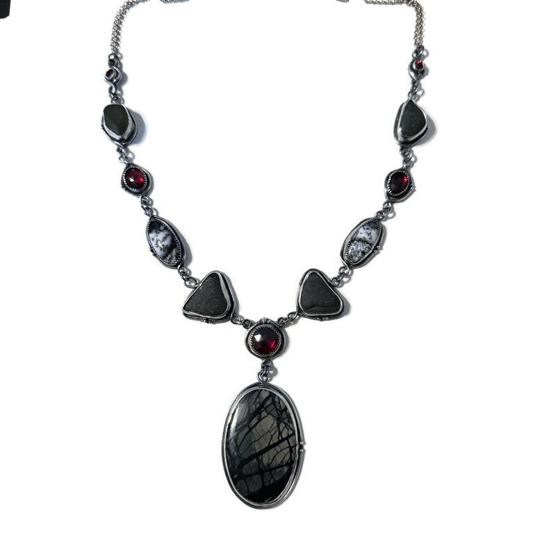 Dendrite, Garnet & Pirate Sea Glass Necklace