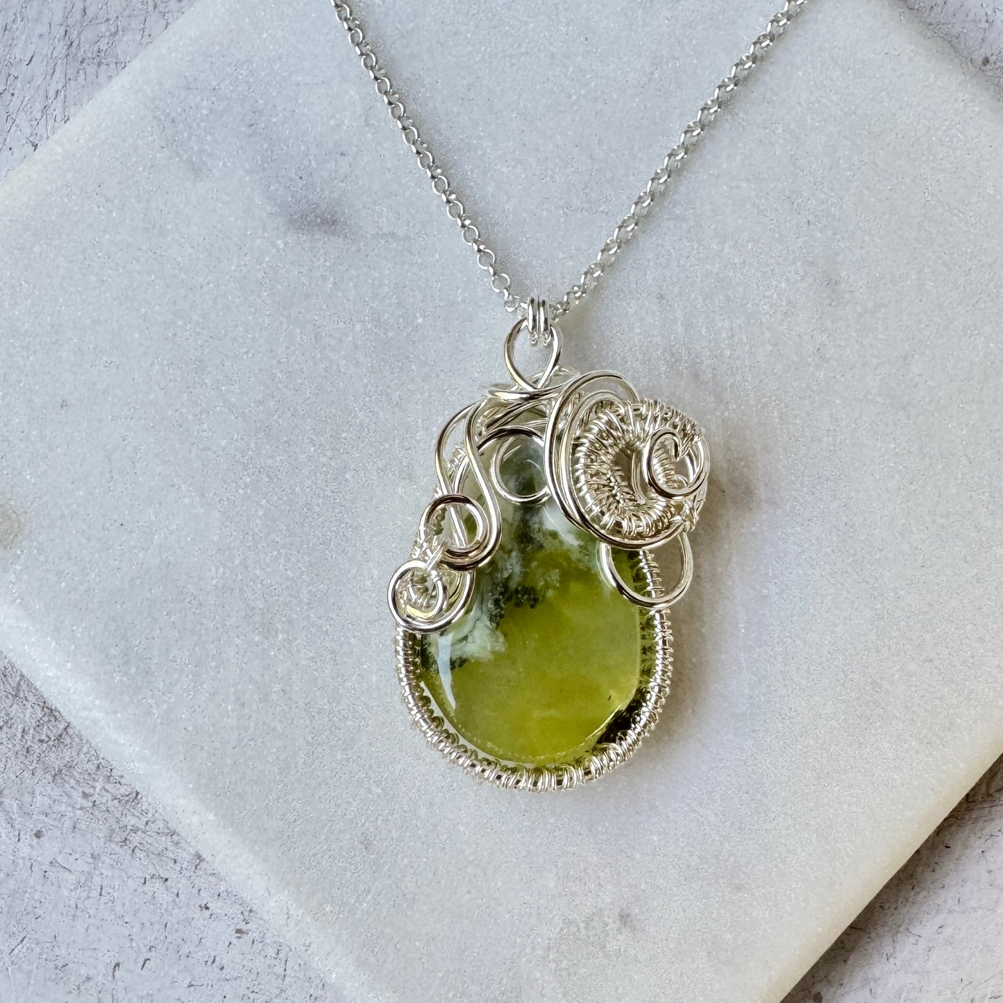 Prehnite Woven Silver Necklace