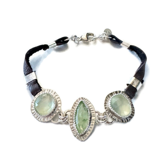 Green Prehnite & Grossular Garnet Silver & Leather Bracelet