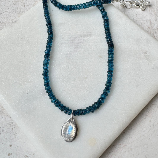 Rainbow Moonstone & London Blue Topaz Gemstone Necklace