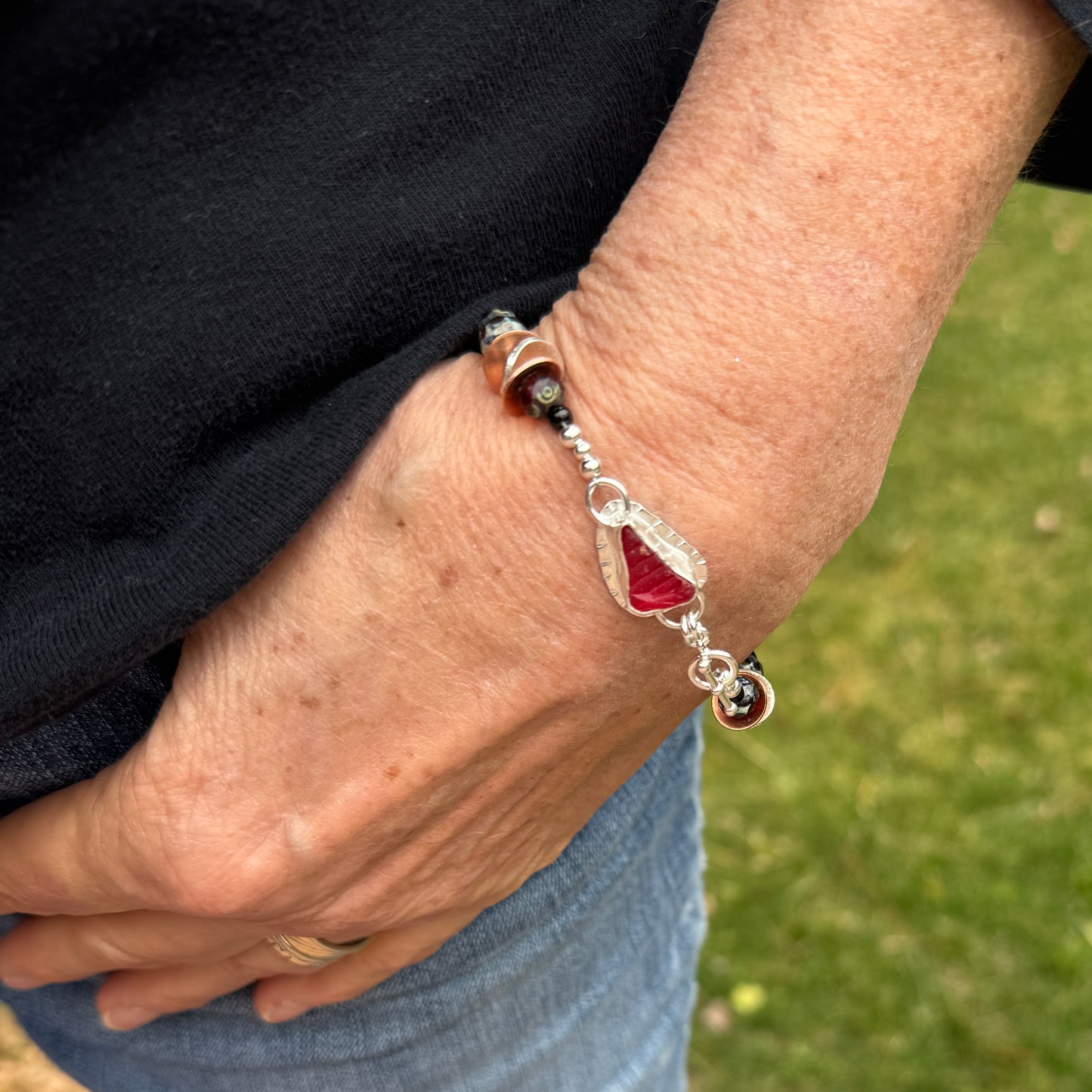 Red Sea Glass & Glass Bead Toggle Bracelet