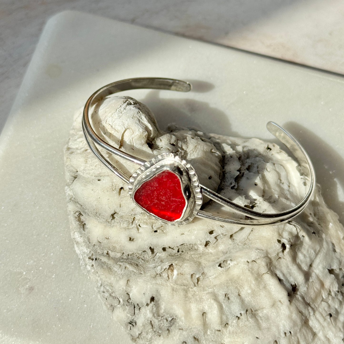 Red Sea Glass Open Silver Cuff Bracelet
