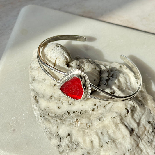 Red Sea Glass Open Silver Cuff Bracelet